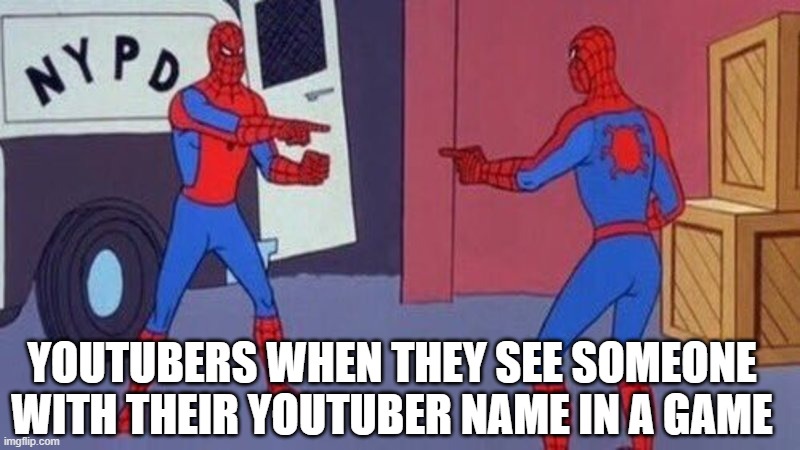 spiderman pointing at spiderman | YOUTUBERS WHEN THEY SEE SOMEONE WITH THEIR YOUTUBER NAME IN A GAME | image tagged in spiderman pointing at spiderman | made w/ Imgflip meme maker