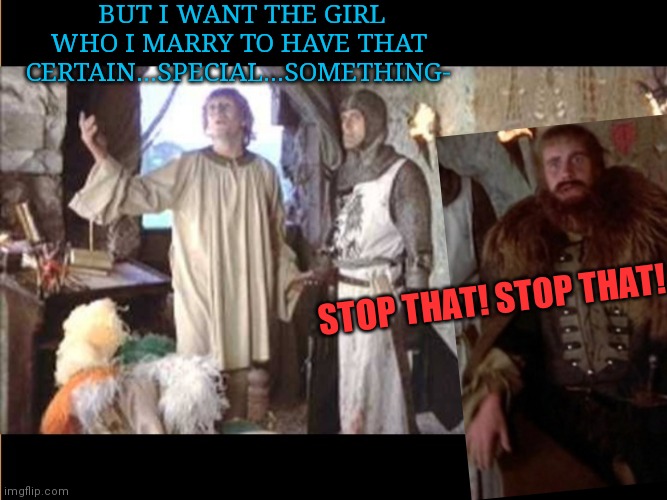 The Search for the Holy Grail | BUT I WANT THE GIRL WHO I MARRY TO HAVE THAT CERTAIN...SPECIAL...SOMETHING-; STOP THAT! STOP THAT! | image tagged in monty python and the holy grail | made w/ Imgflip meme maker