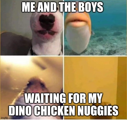 the boys | ME AND THE BOYS; WAITING FOR MY DINO CHICKEN NUGGIES | image tagged in animals on facetime | made w/ Imgflip meme maker