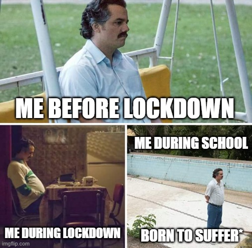 Sad Pablo Escobar Meme | ME BEFORE LOCKDOWN; ME DURING SCHOOL; ME DURING LOCKDOWN; BORN TO SUFFER* | image tagged in memes,sad pablo escobar | made w/ Imgflip meme maker