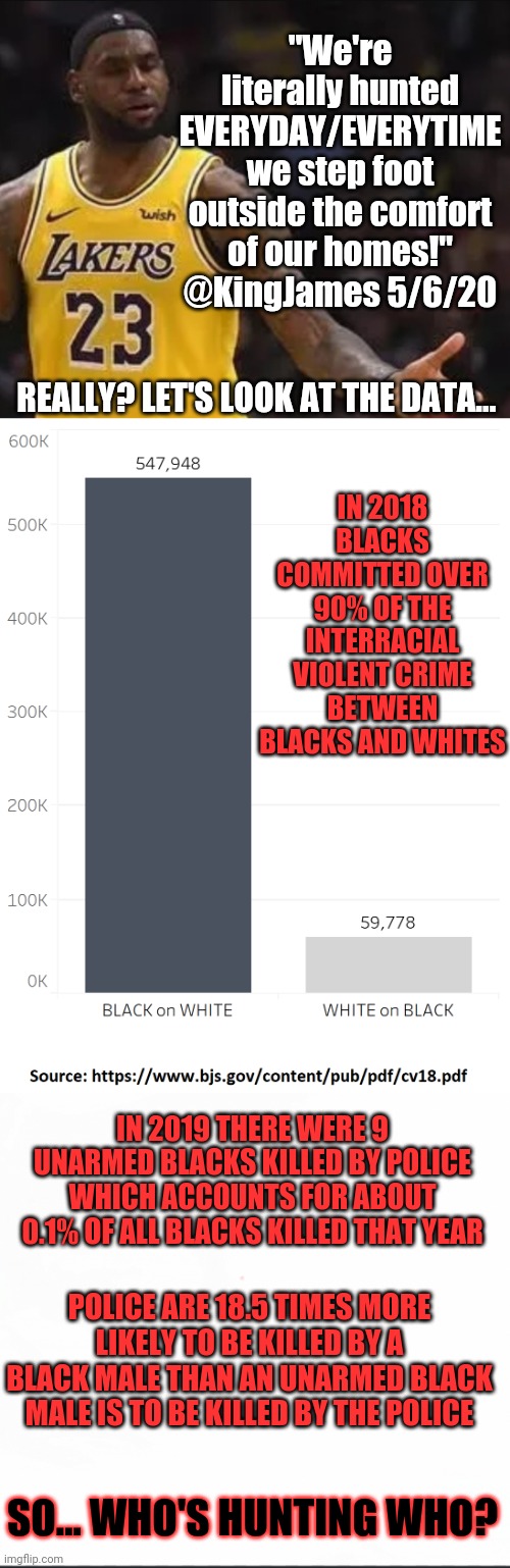 Who's Hunting Who | "We're literally hunted EVERYDAY/EVERYTIME we step foot outside the comfort of our homes!"
@KingJames 5/6/20; REALLY? LET'S LOOK AT THE DATA... IN 2018 BLACKS COMMITTED OVER 90% OF THE INTERRACIAL VIOLENT CRIME BETWEEN BLACKS AND WHITES; IN 2019 THERE WERE 9 UNARMED BLACKS KILLED BY POLICE WHICH ACCOUNTS FOR ABOUT 0.1% OF ALL BLACKS KILLED THAT YEAR; POLICE ARE 18.5 TIMES MORE LIKELY TO BE KILLED BY A BLACK MALE THAN AN UNARMED BLACK MALE IS TO BE KILLED BY THE POLICE; SO... WHO'S HUNTING WHO? | image tagged in black lives matter,nba,crime,lebron james,leftists,woke | made w/ Imgflip meme maker