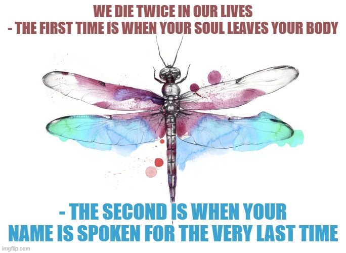 death will be twice | WE DIE TWICE IN OUR LIVES
- THE FIRST TIME IS WHEN YOUR SOUL LEAVES YOUR BODY; - THE SECOND IS WHEN YOUR NAME IS SPOKEN FOR THE VERY LAST TIME | image tagged in death | made w/ Imgflip meme maker