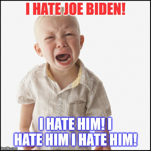 Toddler crying | I HATE JOE BIDEN! I HATE HIM! I HATE HIM I HATE HIM! | image tagged in toddler crying | made w/ Imgflip meme maker