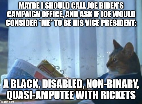 Biden/Jess'e 2020 | MAYBE I SHOULD CALL JOE BIDEN'S CAMPAIGN OFFICE, AND ASK IF JOE WOULD CONSIDER *ME* TO BE HIS VICE PRESIDENT:; A BLACK, DISABLED, NON-BINARY, QUASI-AMPUTEE WITH RICKETS | image tagged in memes,i should buy a boat cat,joe biden,election 2020,campaign,vice president | made w/ Imgflip meme maker
