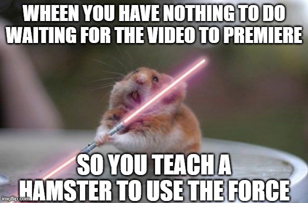 Waiting for DiU but Really Really Fast rn, also RIP my hamster |  WHEEN YOU HAVE NOTHING TO DO WAITING FOR THE VIDEO TO PREMIERE; SO YOU TEACH A HAMSTER TO USE THE FORCE | image tagged in star wars hamster,rip | made w/ Imgflip meme maker