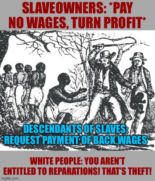 Step 1: Enslave an entire race for 250+ years. Step 2: Profit! Step 3: Pay their descendants nothing. | image tagged in slavery,slaves,white people,white privilege,economics,wages | made w/ Imgflip meme maker