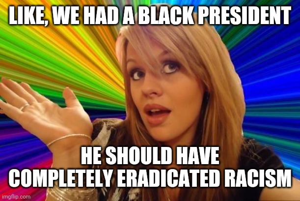 Dumb Blonde Meme | LIKE, WE HAD A BLACK PRESIDENT HE SHOULD HAVE COMPLETELY ERADICATED RACISM | image tagged in memes,dumb blonde | made w/ Imgflip meme maker