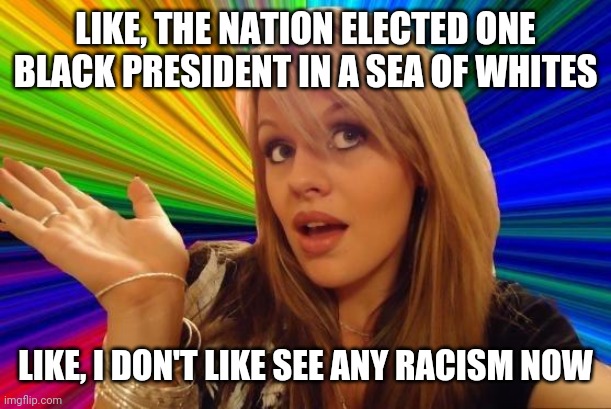 Dumb Blonde Meme | LIKE, THE NATION ELECTED ONE BLACK PRESIDENT IN A SEA OF WHITES LIKE, I DON'T LIKE SEE ANY RACISM NOW | image tagged in memes,dumb blonde | made w/ Imgflip meme maker