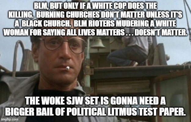 We're gonna need a bigger boat | BLM, BUT ONLY IF A WHITE COP DOES THE KILLING.  BURNING CHURCHES DON'T MATTER UNLESS IT'S A  BLACK CHURCH.  BLM RIOTERS MUDERING A WHITE WOMAN FOR SAYING ALL LIVES MATTERS . . . DOESN'T MATTER. THE WOKE SJW SET IS GONNA NEED A BIGGER BAIL OF POLITICAL LITMUS TEST PAPER. | image tagged in we're gonna need a bigger boat | made w/ Imgflip meme maker