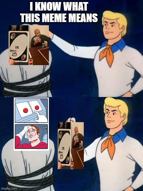 Scooby doo mask reveal | I KNOW WHAT THIS MEME MEANS | image tagged in scooby doo mask reveal | made w/ Imgflip meme maker