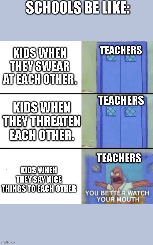That do be true tho. | SCHOOLS BE LIKE:; TEACHERS; KIDS WHEN THEY SWEAR AT EACH OTHER. TEACHERS; KIDS WHEN THEY THREATEN EACH OTHER. TEACHERS; KIDS WHEN THEY SAY NICE THINGS TO EACH OTHER | image tagged in you better watch your mouth,meme,school,funny,school meme | made w/ Imgflip meme maker
