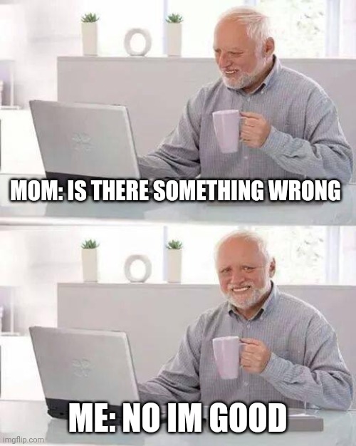 Hide the pain | MOM: IS THERE SOMETHING WRONG; ME: NO IM GOOD | image tagged in memes,hide the pain harold | made w/ Imgflip meme maker