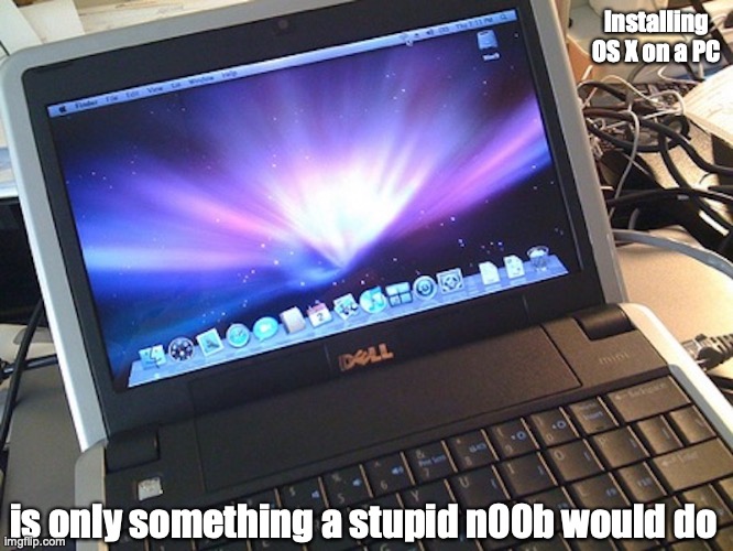 Mac OS On a Dell Inspiration | Installing OS X on a PC; is only something a stupid n00b would do | image tagged in noob,memes,computer | made w/ Imgflip meme maker