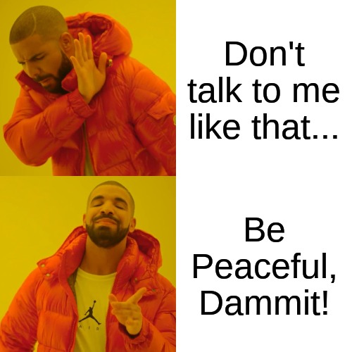 https://www.facebook.com/groups/3236730976391226/ | Don't talk to me like that... Be Peaceful, Dammit! | image tagged in memes,drake hotline bling | made w/ Imgflip meme maker
