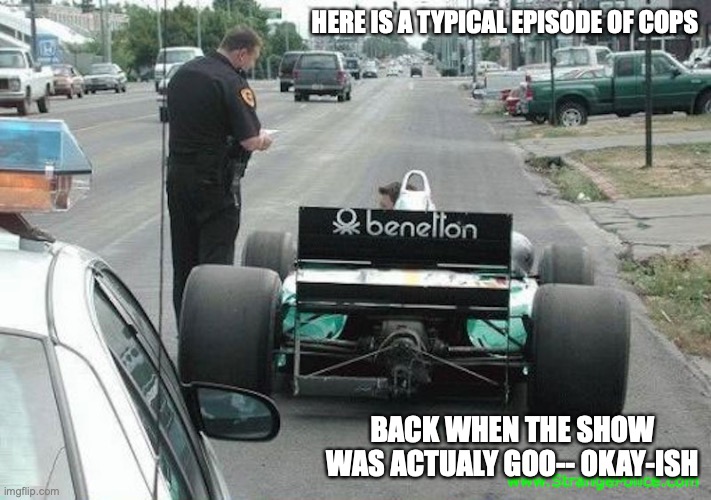 Cop Stopping a Race Car | HERE IS A TYPICAL EPISODE OF COPS; BACK WHEN THE SHOW WAS ACTUALY GOO-- OKAY-ISH | image tagged in cops,memes | made w/ Imgflip meme maker