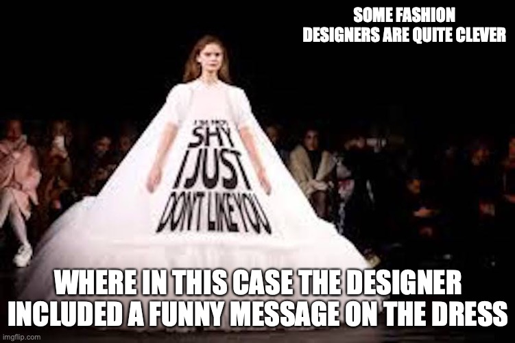 Clever Message on Dress | SOME FASHION DESIGNERS ARE QUITE CLEVER; WHERE IN THIS CASE THE DESIGNER INCLUDED A FUNNY MESSAGE ON THE DRESS | image tagged in runway fashion,memes | made w/ Imgflip meme maker