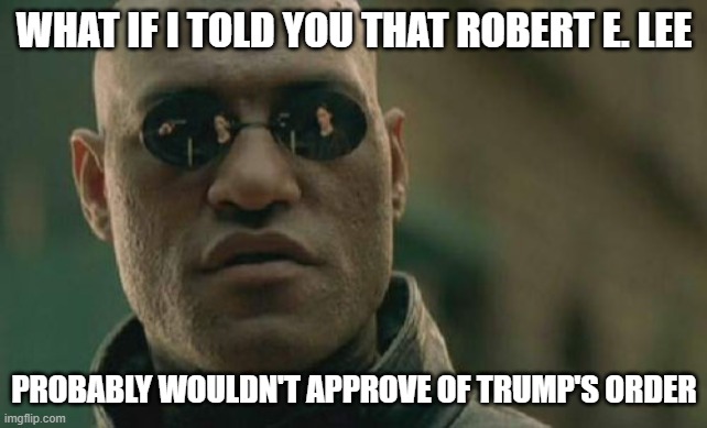 Matrix Morpheus Meme | WHAT IF I TOLD YOU THAT ROBERT E. LEE PROBABLY WOULDN'T APPROVE OF TRUMP'S ORDER | image tagged in memes,matrix morpheus | made w/ Imgflip meme maker