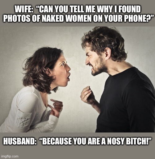Nosy wife | WIFE:  “CAN YOU TELL ME WHY I FOUND 
PHOTOS OF NAKED WOMEN ON YOUR PHONE?”; HUSBAND:  “BECAUSE YOU ARE A NOSY BITCH!” | image tagged in couple fight,arguing,married,phone,photos,memes | made w/ Imgflip meme maker