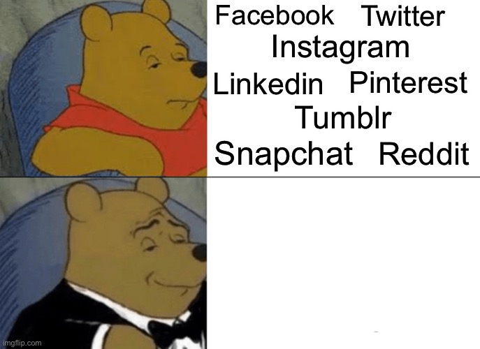 Tuxedo Winnie The Pooh | Facebook; Twitter; Instagram; Pinterest; Linkedin; Tumblr; Snapchat; Reddit | image tagged in memes,tuxedo winnie the pooh,facebook,twitter,instagram,linkedin | made w/ Imgflip meme maker