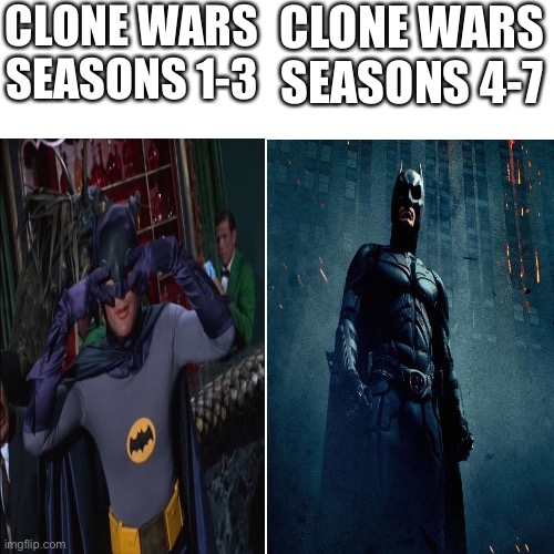 The evolution of clone wars | CLONE WARS SEASONS 1-3; CLONE WARS SEASONS 4-7 | image tagged in clone wars | made w/ Imgflip meme maker