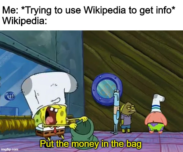 Put the Money In The Bag | Me: *Trying to use Wikipedia to get info*
Wikipedia:; Put the money in the bag | image tagged in put the money in the bag,funny,memes,wikipedia | made w/ Imgflip meme maker