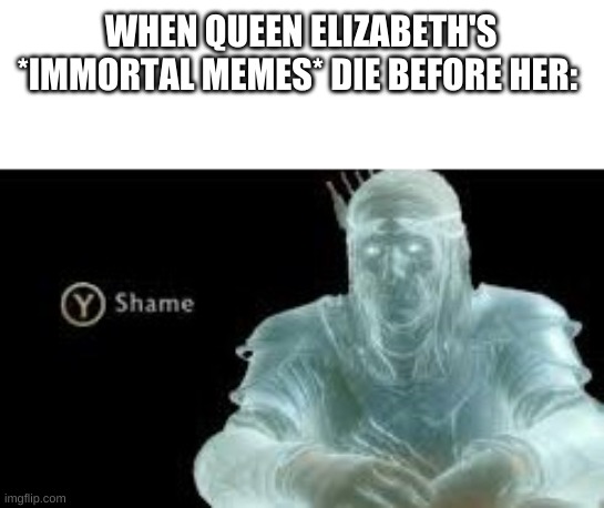 Y (Shame) | WHEN QUEEN ELIZABETH'S *IMMORTAL MEMES* DIE BEFORE HER: | image tagged in y shame | made w/ Imgflip meme maker