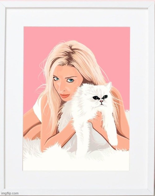 Fan art redux of an iconic pic with her fluffy white chonk. | image tagged in dannii fan art cat,cats,cat,fat cat,cute cat,fan art | made w/ Imgflip meme maker