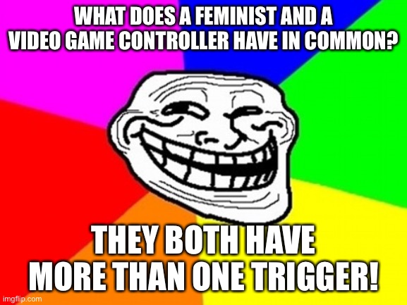 Troll Face Colored | WHAT DOES A FEMINIST AND A VIDEO GAME CONTROLLER HAVE IN COMMON? THEY BOTH HAVE MORE THAN ONE TRIGGER! | image tagged in memes,troll face colored | made w/ Imgflip meme maker