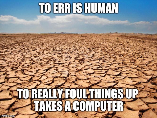 dry sense of humour  | TO ERR IS HUMAN TO REALLY FOUL THINGS UP 
TAKES A COMPUTER | image tagged in dry sense of humour | made w/ Imgflip meme maker