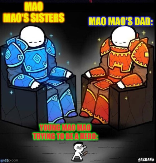 Again, no Idea why I made this | MAO MAO'S DAD:; MAO MAO'S SISTERS; YOUNG MAO MAO TRYING TO BE A HERO: | image tagged in blue giant orange giant,mao,lol,shitpost | made w/ Imgflip meme maker