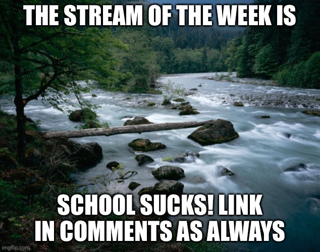 Stream of da week | THE STREAM OF THE WEEK IS; SCHOOL SUCKS! LINK IN COMMENTS AS ALWAYS | image tagged in river | made w/ Imgflip meme maker