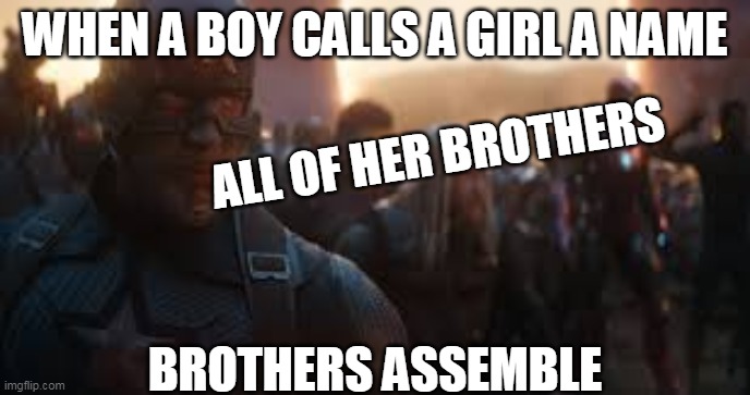 Avengers Assemble | WHEN A BOY CALLS A GIRL A NAME; ALL OF HER BROTHERS; BROTHERS ASSEMBLE | image tagged in avengers assemble | made w/ Imgflip meme maker