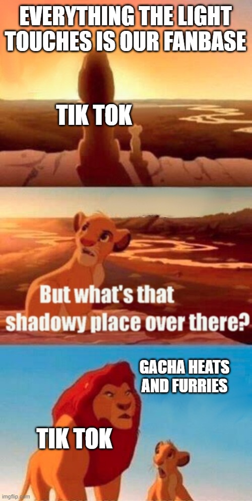 Simba Shadowy Place | EVERYTHING THE LIGHT TOUCHES IS OUR FANBASE; TIK TOK; GACHA HEATS AND FURRIES; TIK TOK | image tagged in memes,simba shadowy place | made w/ Imgflip meme maker