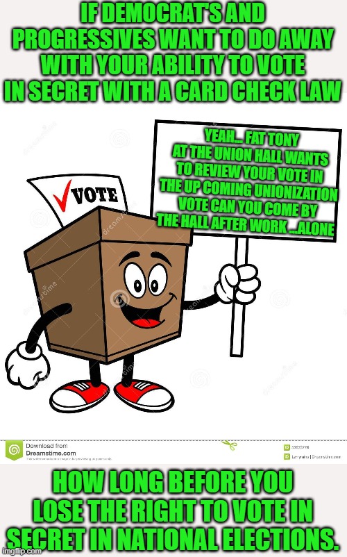 yep can't wait | IF DEMOCRAT'S AND PROGRESSIVES WANT TO DO AWAY WITH YOUR ABILITY TO VOTE IN SECRET WITH A CARD CHECK LAW; YEAH... FAT TONY AT THE UNION HALL WANTS TO REVIEW YOUR VOTE IN THE UP COMING UNIONIZATION VOTE CAN YOU COME BY THE HALL AFTER WORK ...ALONE; HOW LONG BEFORE YOU LOSE THE RIGHT TO VOTE IN SECRET IN NATIONAL ELECTIONS. | image tagged in democrats,progressives,socialism,joe biden,2020 elections | made w/ Imgflip meme maker