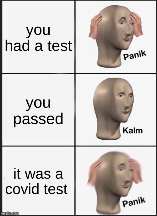 Panik Kalm Panik | you had a test; you passed; it was a covid test | image tagged in memes,panik kalm panik | made w/ Imgflip meme maker