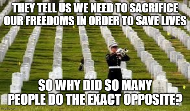 What are we really sacrificing? | THEY TELL US WE NEED TO SACRIFICE OUR FREEDOMS IN ORDER TO SAVE LIVES; SO WHY DID SO MANY PEOPLE DO THE EXACT OPPOSITE? | image tagged in military cemetary,covid-19,coronavirus,freedom,liberty,veteran | made w/ Imgflip meme maker