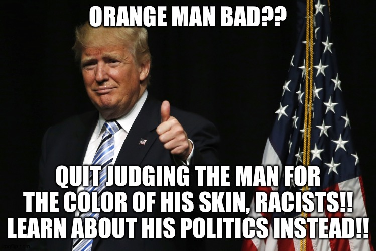 Orange Man Bad. | ORANGE MAN BAD?? QUIT JUDGING THE MAN FOR THE COLOR OF HIS SKIN, RACISTS!!
LEARN ABOUT HIS POLITICS INSTEAD!! | image tagged in president trump | made w/ Imgflip meme maker