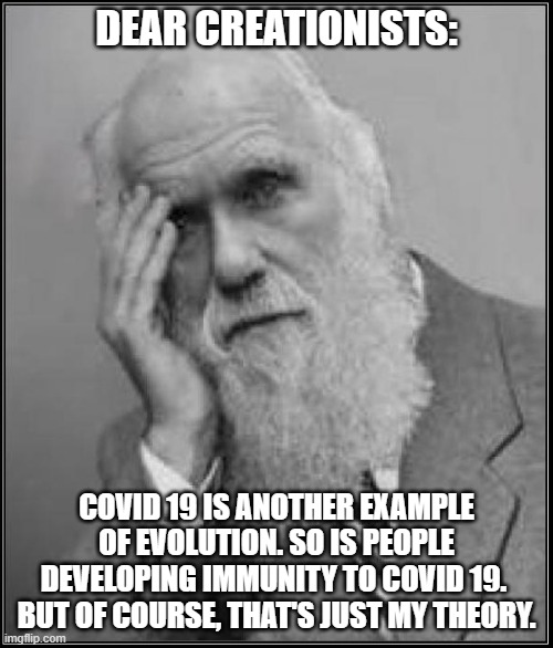 Darwin & COVID 19 | DEAR CREATIONISTS:; COVID 19 IS ANOTHER EXAMPLE OF EVOLUTION. SO IS PEOPLE DEVELOPING IMMUNITY TO COVID 19.  BUT OF COURSE, THAT'S JUST MY THEORY. | image tagged in darwin facepalm | made w/ Imgflip meme maker