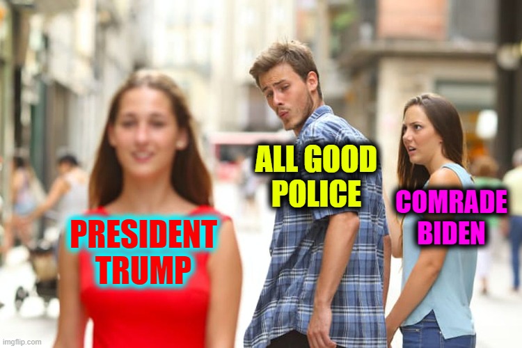 You Lie Down with Commie Dogs You Come Up with Fleas | ALL GOOD
POLICE; COMRADE
BIDEN; PRESIDENT
TRUMP | image tagged in memes,distracted boyfriend,vince vance,creepy joe biden,president trump,blue lives matter | made w/ Imgflip meme maker