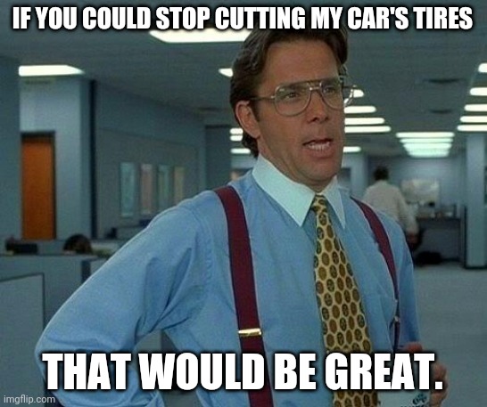That Would Be Great | IF YOU COULD STOP CUTTING MY CAR'S TIRES; THAT WOULD BE GREAT. | image tagged in memes,that would be great | made w/ Imgflip meme maker