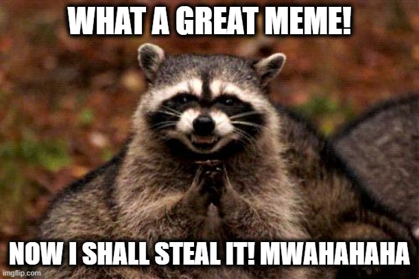 Meme Stealing Raccoon | WHAT A GREAT MEME! NOW I SHALL STEAL IT! MWAHAHAHA | image tagged in memes,evil plotting raccoon | made w/ Imgflip meme maker