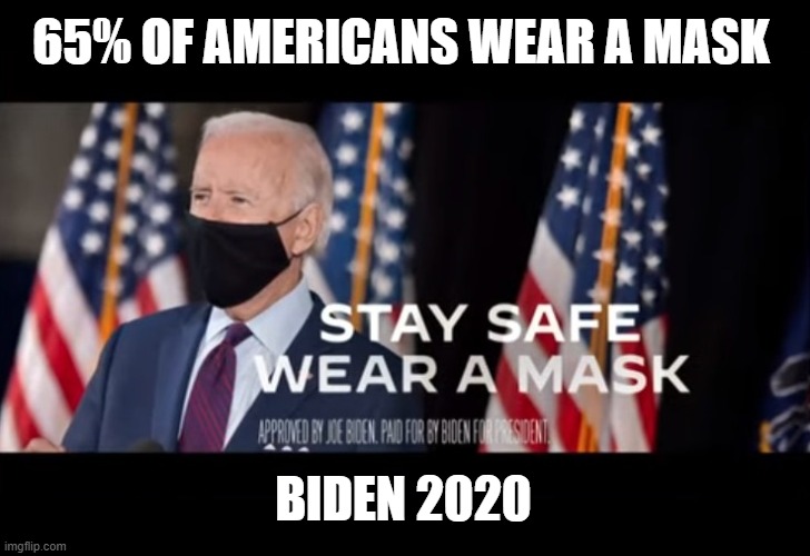 We are Sick and Dying Because Trump is a Psychopath | 65% OF AMERICANS WEAR A MASK; BIDEN 2020 | image tagged in wear a mask,biden 2020,coronavirus,covid-19,pandemic,trump equals death | made w/ Imgflip meme maker