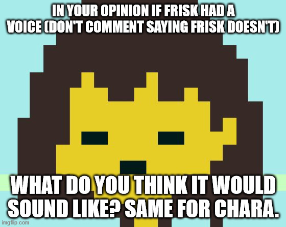Genuinley asking. | IN YOUR OPINION IF FRISK HAD A VOICE (DON'T COMMENT SAYING FRISK DOESN'T); WHAT DO YOU THINK IT WOULD SOUND LIKE? SAME FOR CHARA. | image tagged in frisk's face,undertale,chara,hey imgflip | made w/ Imgflip meme maker