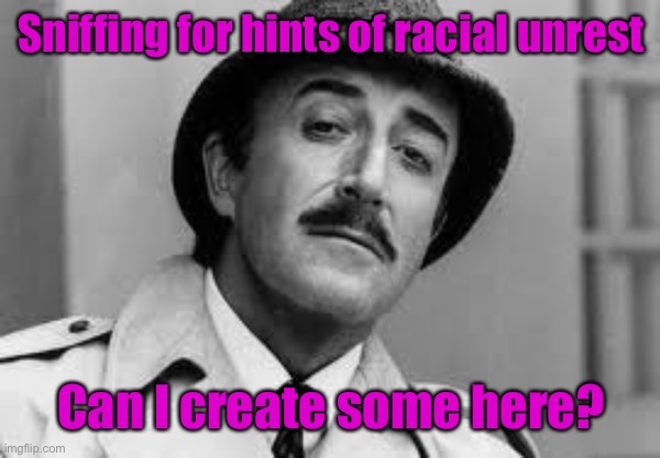 Inspector Clouseau I'm knit impressed | Sniffing for hints of racial unrest Can I create some here? | image tagged in inspector clouseau i'm knit impressed | made w/ Imgflip meme maker