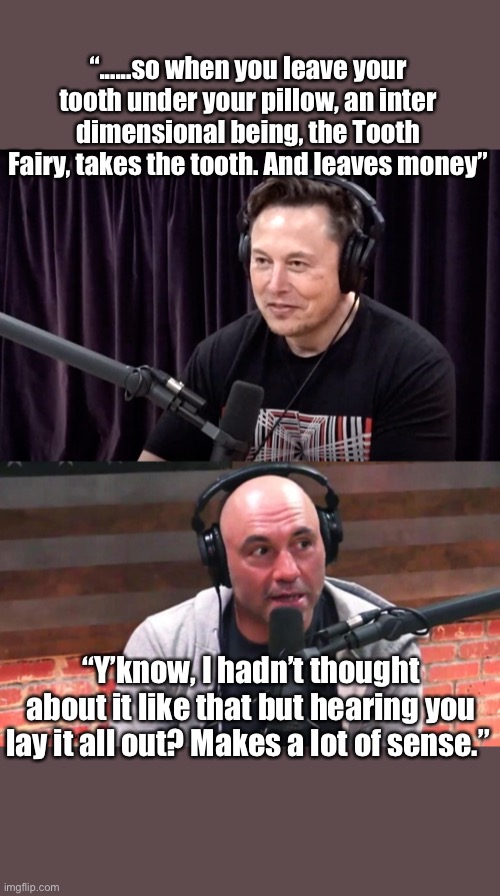 Joe Rogan: Credulous idiot | “......so when you leave your tooth under your pillow, an inter dimensional being, the Tooth Fairy, takes the tooth. And leaves money”; “Y’know, I hadn’t thought about it like that but hearing you lay it all out? Makes a lot of sense.” | image tagged in joe rogan,idiot | made w/ Imgflip meme maker