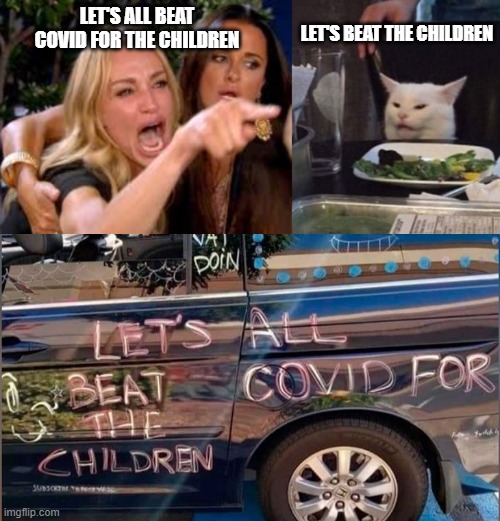 cat vs women | LET'S ALL BEAT COVID FOR THE CHILDREN; LET'S BEAT THE CHILDREN | image tagged in woman yelling at cat | made w/ Imgflip meme maker