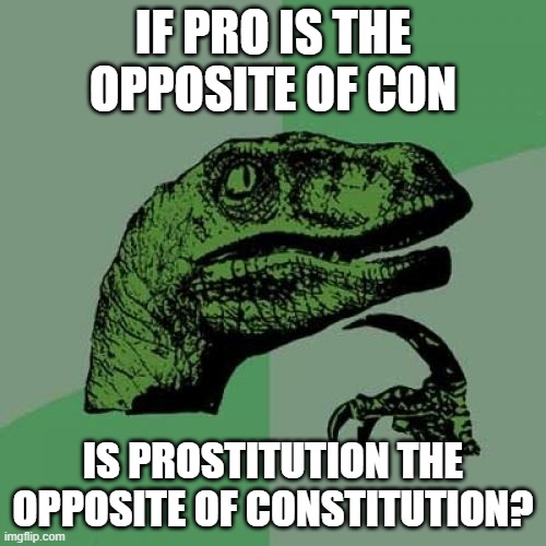 Philosoraptor Meme | IF PRO IS THE OPPOSITE OF CON; IS PROSTITUTION THE OPPOSITE OF CONSTITUTION? | image tagged in memes,philosoraptor | made w/ Imgflip meme maker