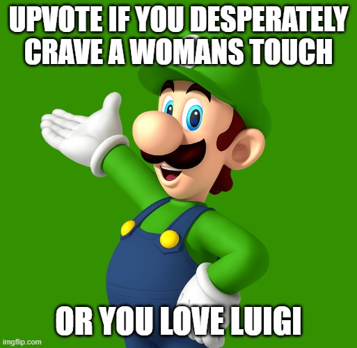 lugi | UPVOTE IF YOU DESPERATELY CRAVE A WOMANS TOUCH; OR YOU LOVE LUIGI | image tagged in luigi,shitpost,mario bros,memes | made w/ Imgflip meme maker