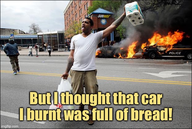 TP Looter | But I thought that car I burnt was full of bread! | image tagged in tp looter | made w/ Imgflip meme maker