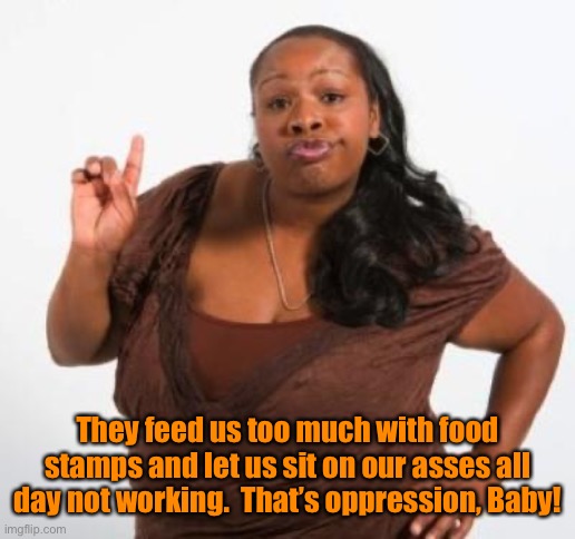 sassy black woman | They feed us too much with food stamps and let us sit on our asses all day not working.  That’s oppression, Baby! | image tagged in sassy black woman | made w/ Imgflip meme maker